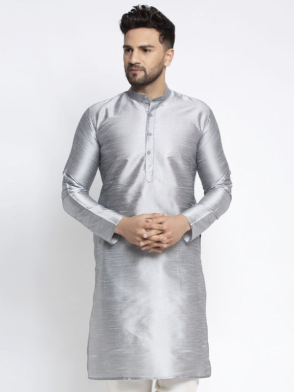 Men's Silver Solid Dupion Silk Kurta Only( KO 636 Silver ) - Virat Fashions