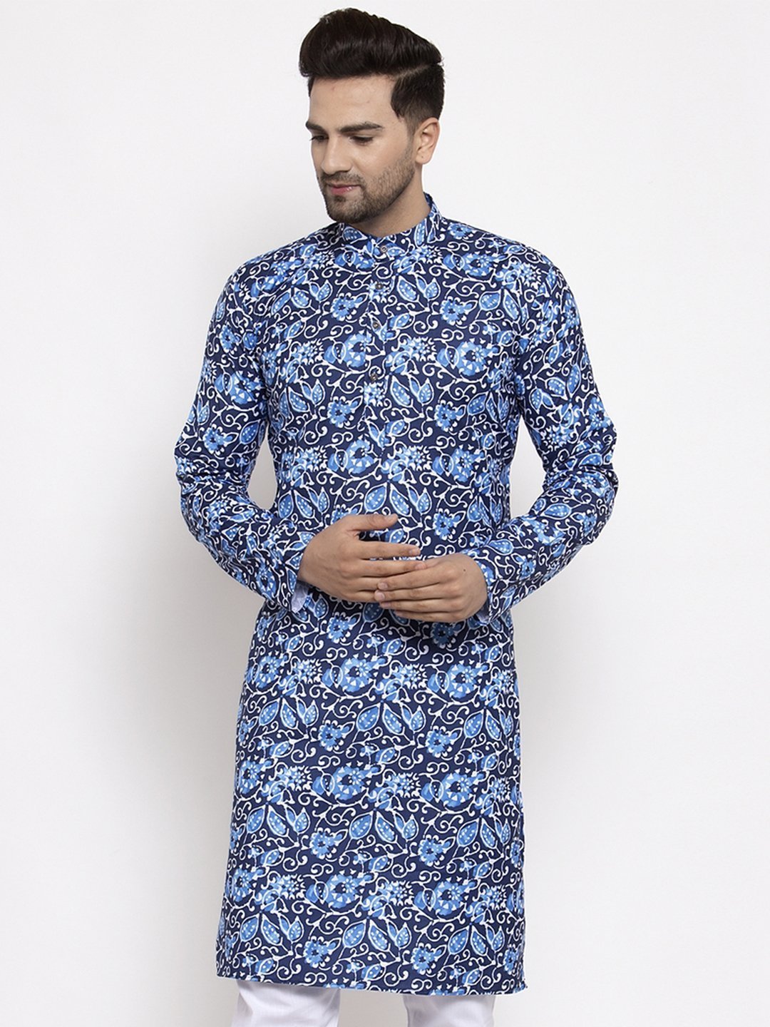 Men's Blue & White Printed Kurta Only - Virat Fashions