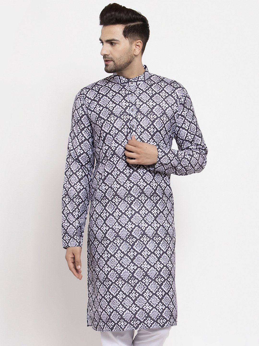 Men's Blue & White Printed Kurta Only - Virat Fashions