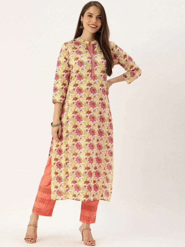 Women's Off White & Yellow Floral Printed Cotton Kurta - Varanga