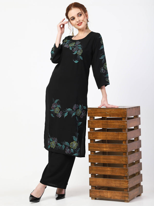 Women's Black Viscose Rayon Kurta Palazzo Set - Cheera