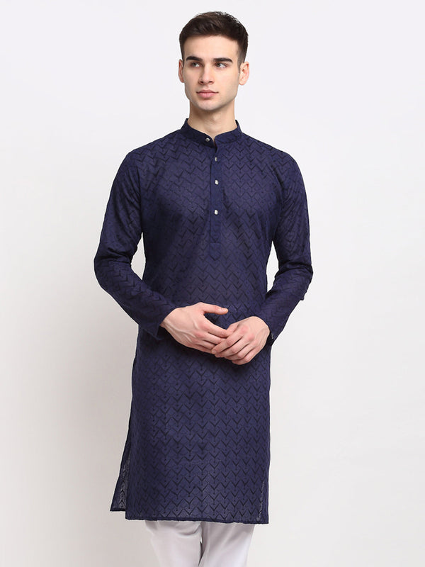 Men's Navy Blue Chikan Kurta Only ( Ko 561 Navy ) - Virat Fashions