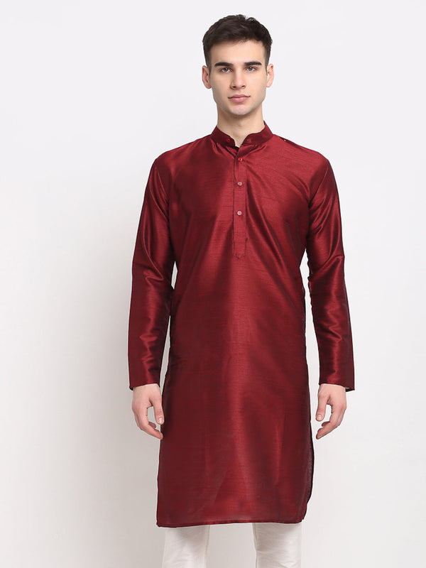 Men's Maroon Solid Dupion Silk Kurta Only ( Ko 636 Maroon ) - Virat Fashions