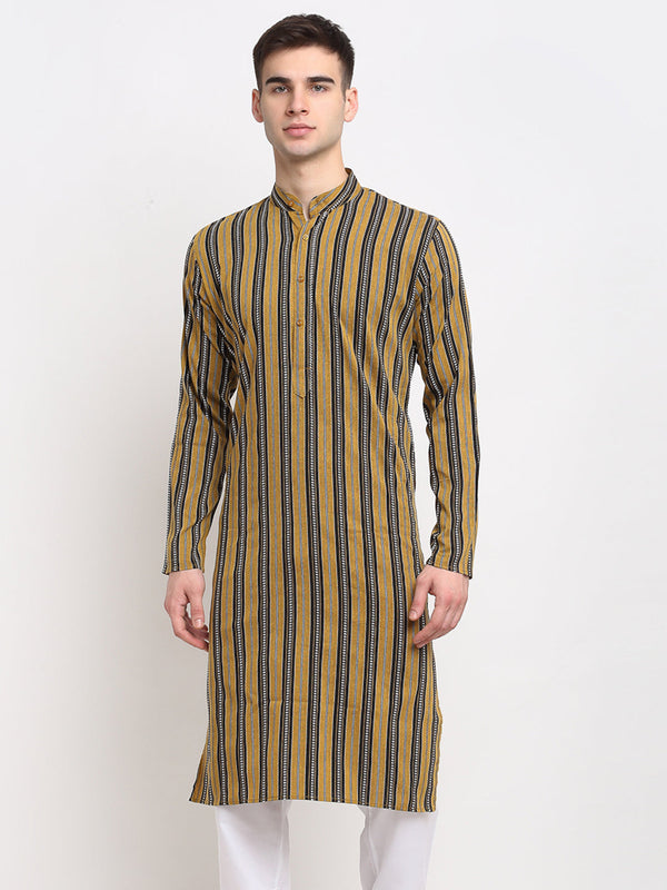 Men's Mustard Cotton Striped Kurta Only ( KO 643 Mustard ) - Virat Fashions