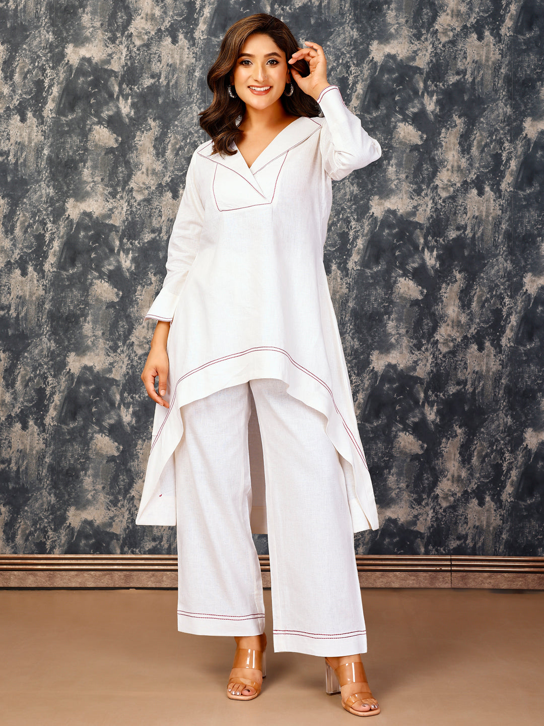 Women's White Linen Stitched Co-Ord Set - Komarri