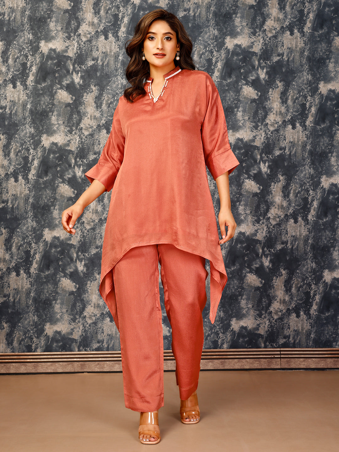 Women's Elegant Embellished V Neck Mandarin Collar, Kimono Styled Cuff Sleeves With Asymmetric Hem Top With A Straight Pants Set In Viscose Silk Crepe- Rust Orange - Komarri