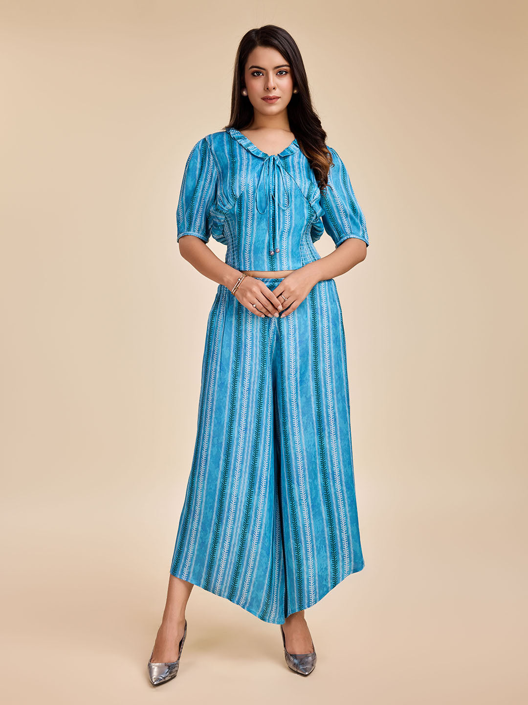 Women's Printed Puff Sleeve, Ruffled Tie-Up V Neck Corset Top With Smocking At The Back With A Comfortable Flared Pants Set In Viscose Satin - Blue - Komarri