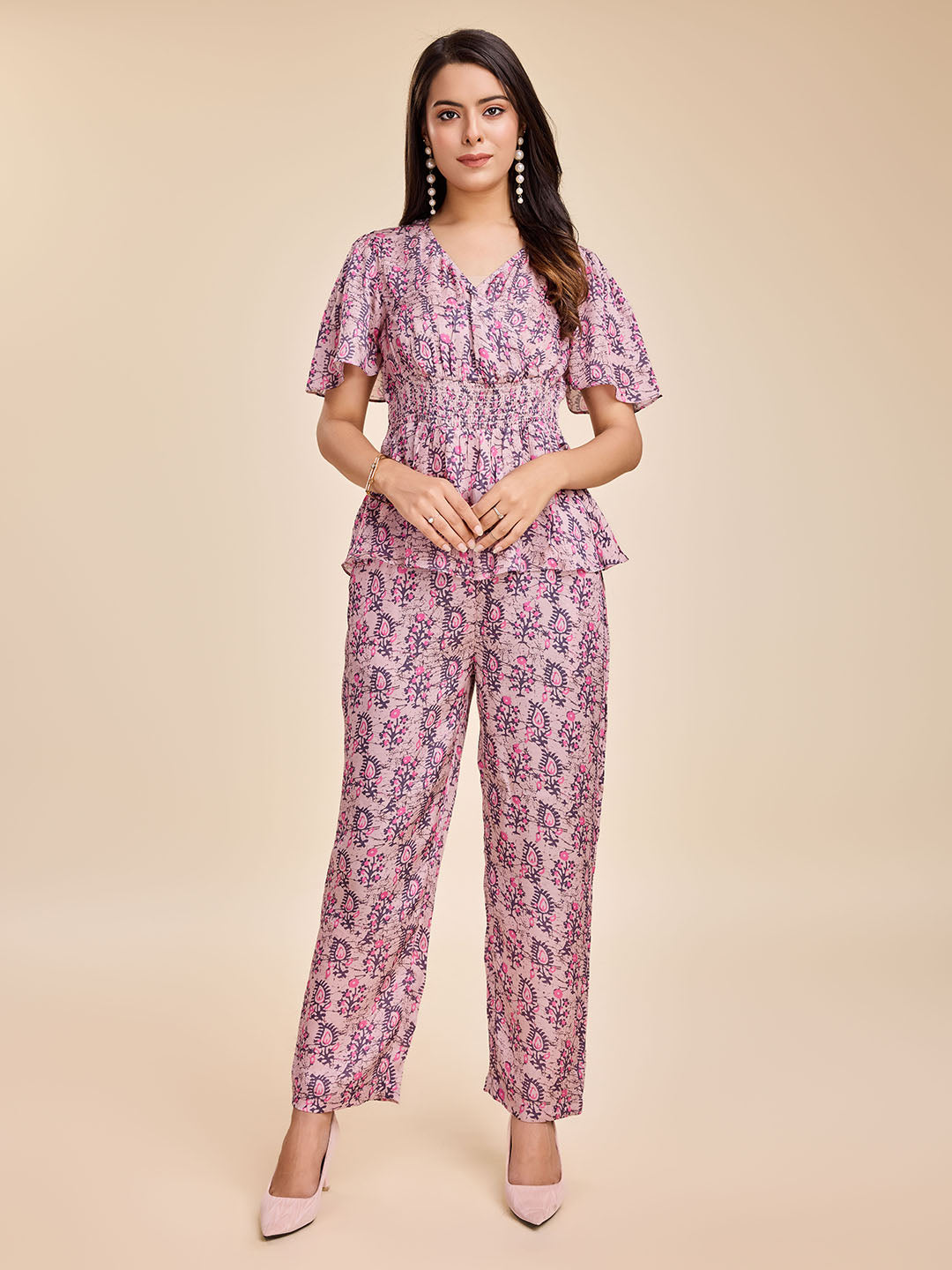 Women's Printed Crossover Neckline With Flared Sleeves & Smocking At The Waist Top With Straight Pants Set In Modal Satin - Pink - Komarri