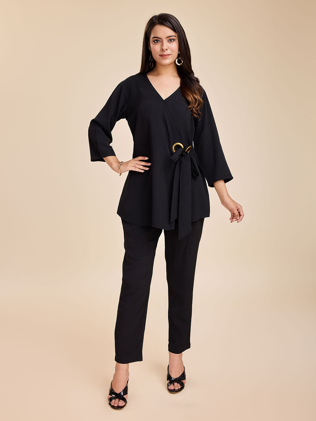 Women's Elegant Wrap Top With Three Fourth Sleeves & Straight Pants Set In Moroccan Crepe- Black - Komarri