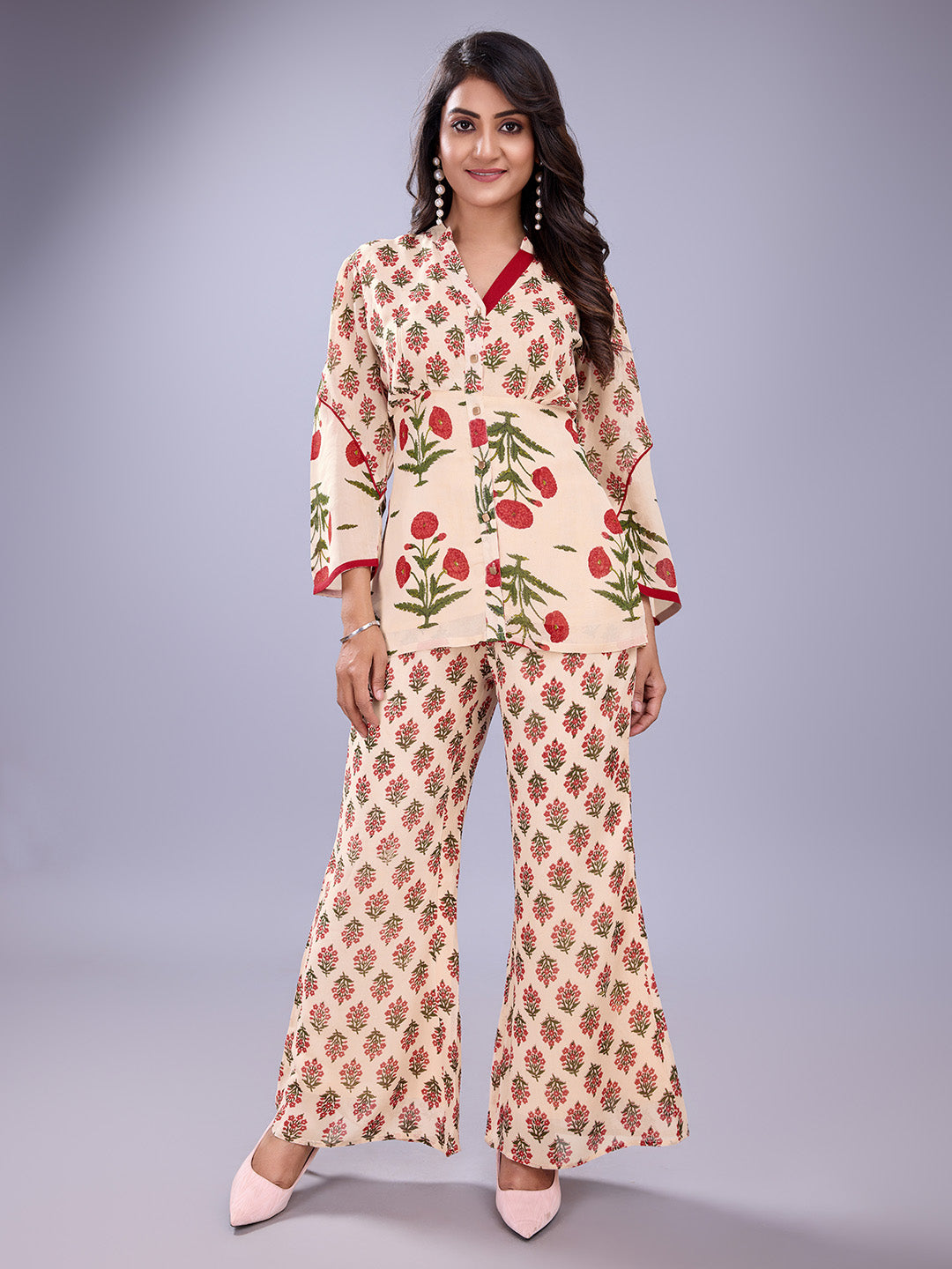 Women's Floral Printed Mandarin Collar Shirt With Three Fourth Sleeves & Flared Pants Georgette Set - Multi - Komarri