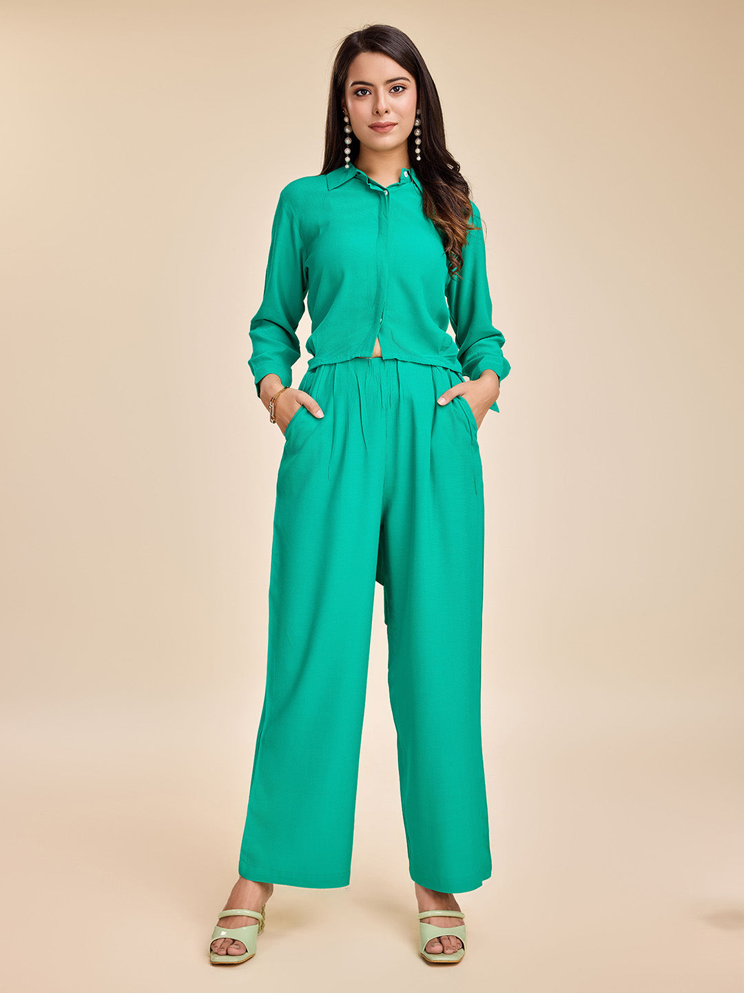 Women's Stylish Crop Shirt With Long Puffed Cuff Sleeves, Back Cutout Tie-Up & Pants Set In Moroccan Crepe- Green - Komarri