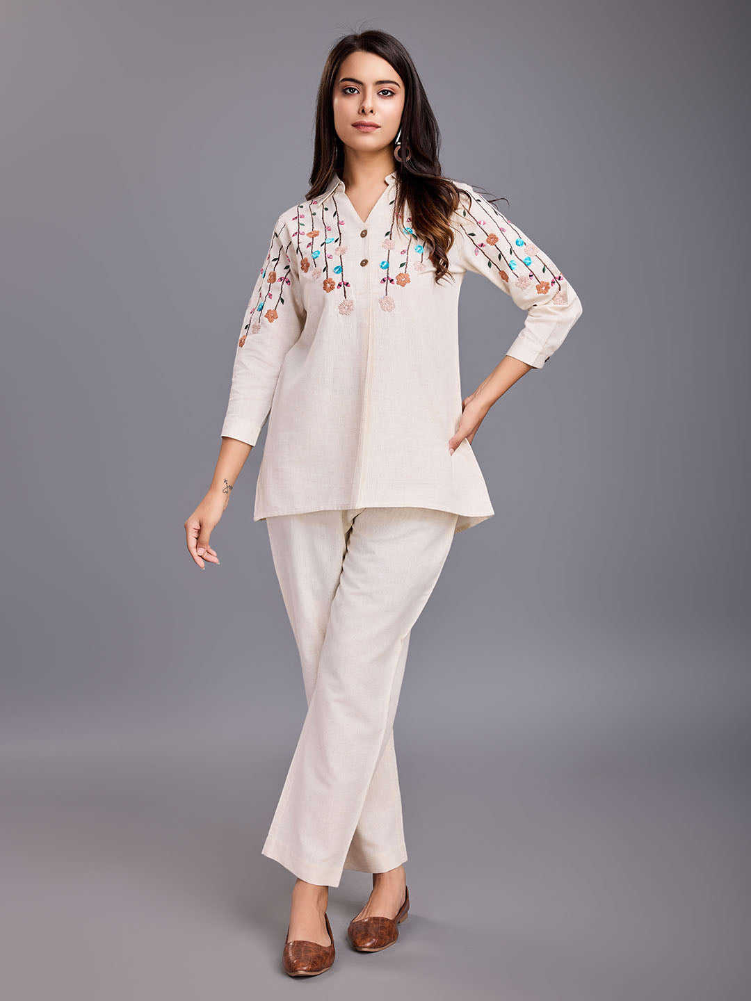 Women's Elegant Floral Front Embroidered Half Placket Shirt With Three Forth Cuff Sleeves & A Comfortable Straight Pants Cotton Flex Set - Beige - Komarri