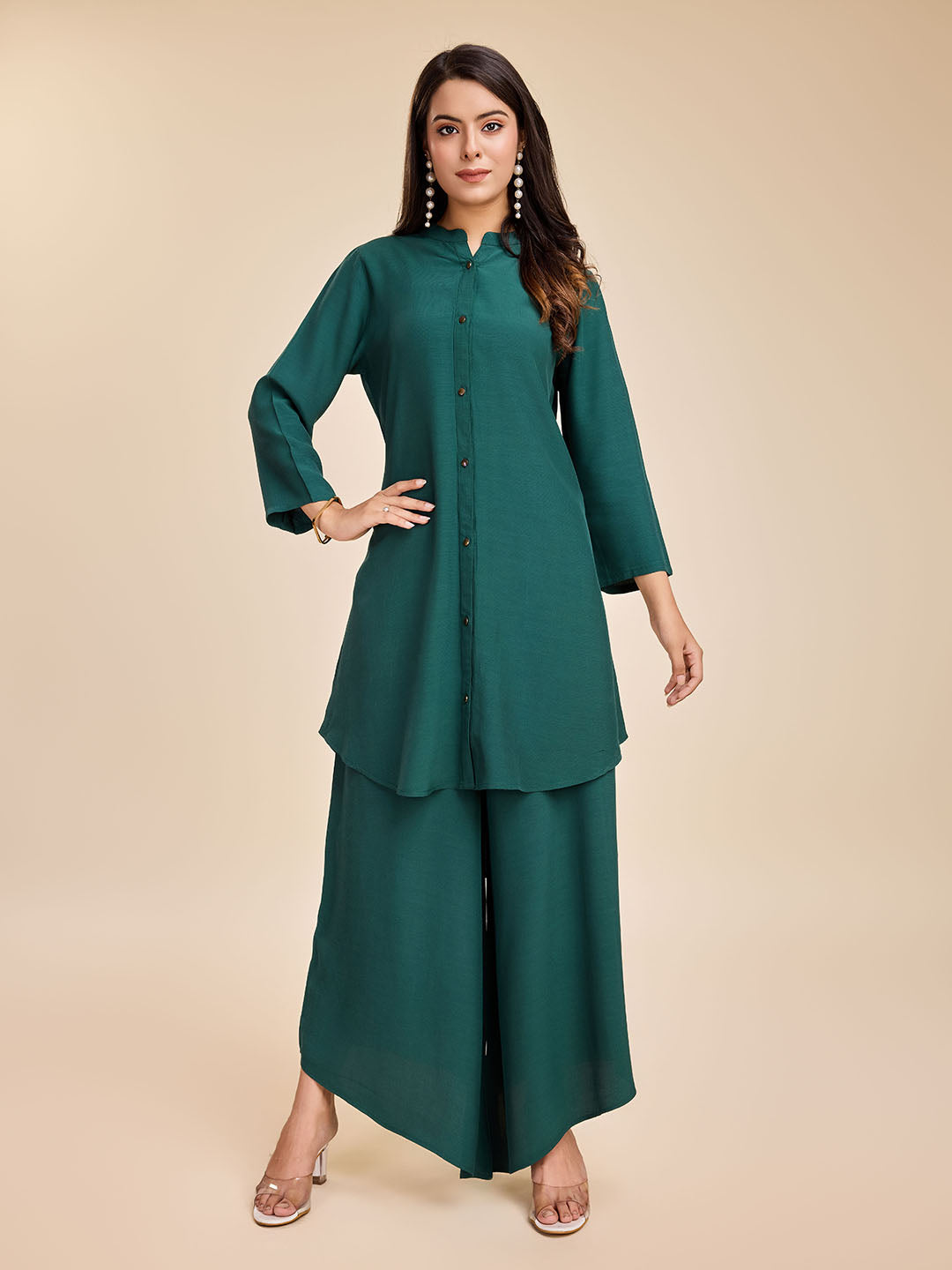 Women's Elegant Front Button Mandarin Collar Long Top With Cuff Sleeves & A Comfortable Flared Pants Set In Moroccan Crepe- Sea Green - Komarri