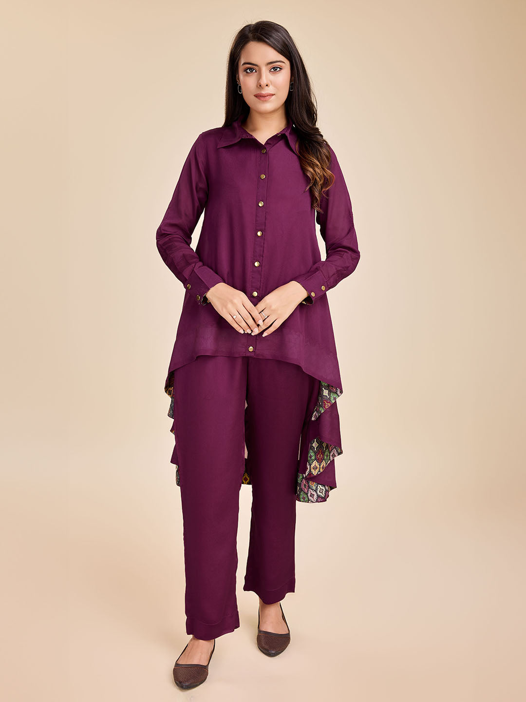 Women's Elegant High-Low Flared Full Cuff Sleeves Shirt With Comfortable Straight Pants Set In Viscose Silk Crepe - Maroon - Komarri