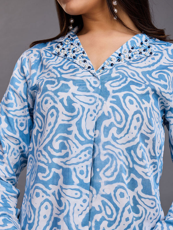 Women's Blue Modal Batik Printed Co-Ord Set - Komarri