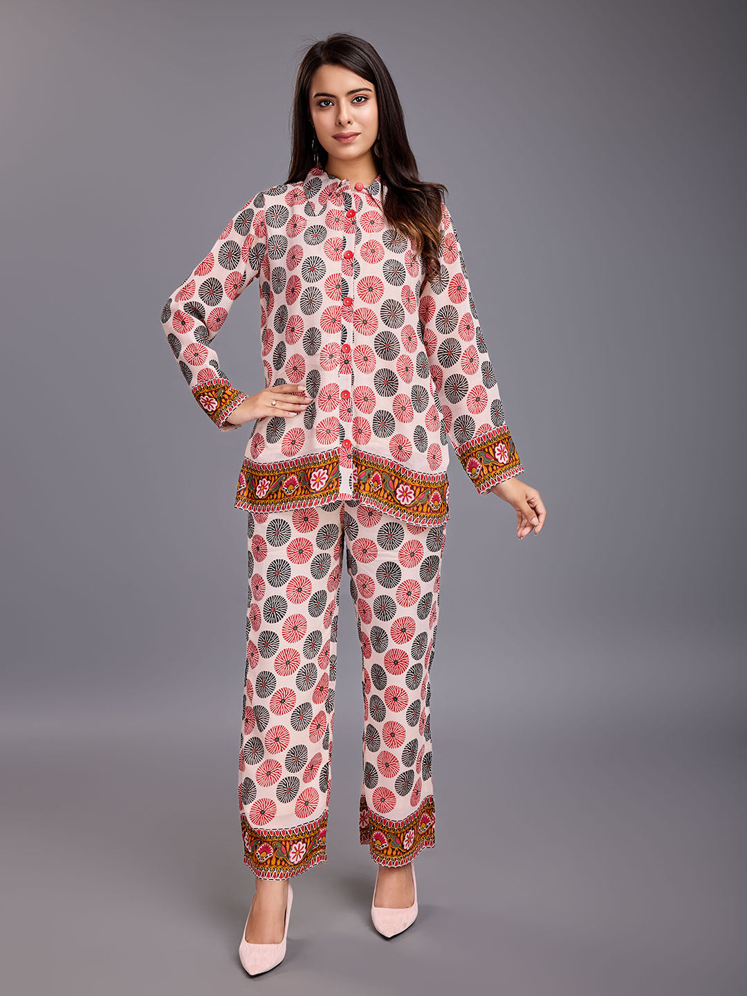 Women's Stylish Embellished Floral Printed Shirt With Long Sleeves & A Printed Pants Georgette Set - Multi - Komarri