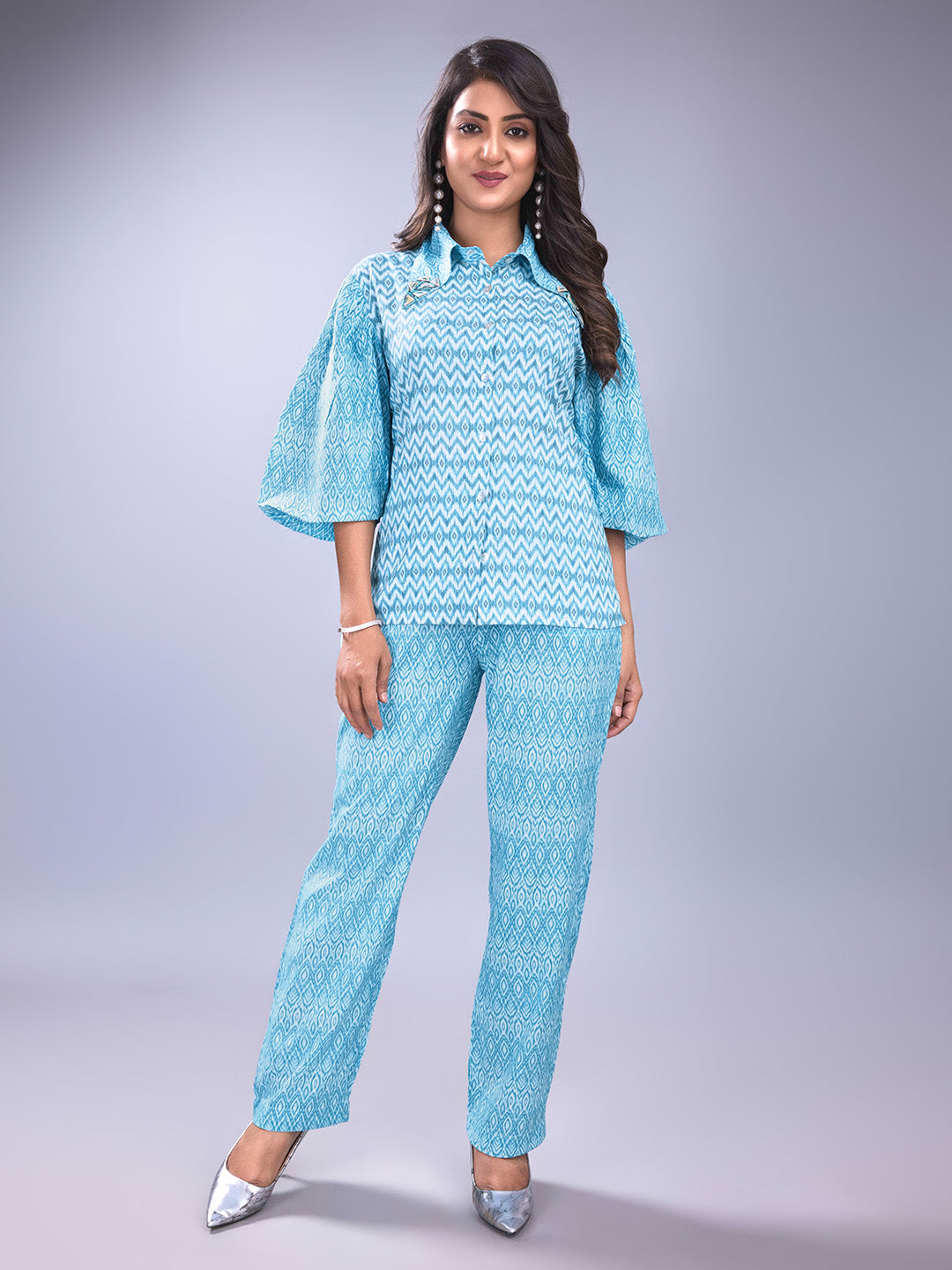 Women's Blue Ikkat Embellished Co-Ord Set - Komarri