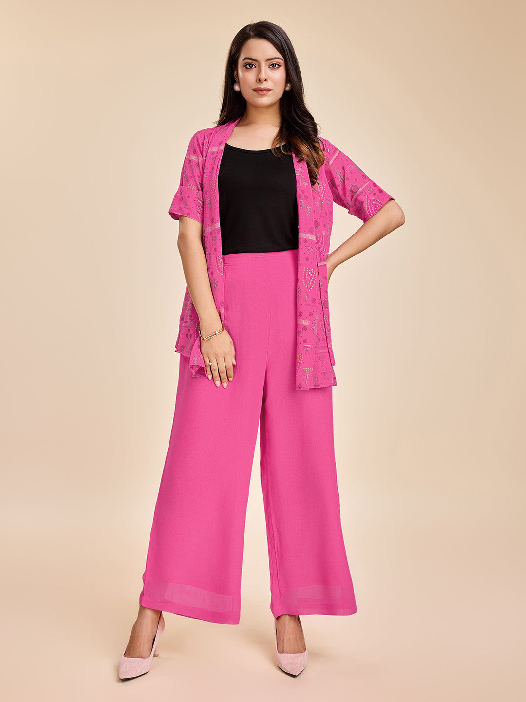 Women's Elegant Printed Short Sleeve Shrug, A Plain Comfortable Flared Pants With Smocking At Back & A Plain Black Bustier Set In Georgette - Pink - Komarri