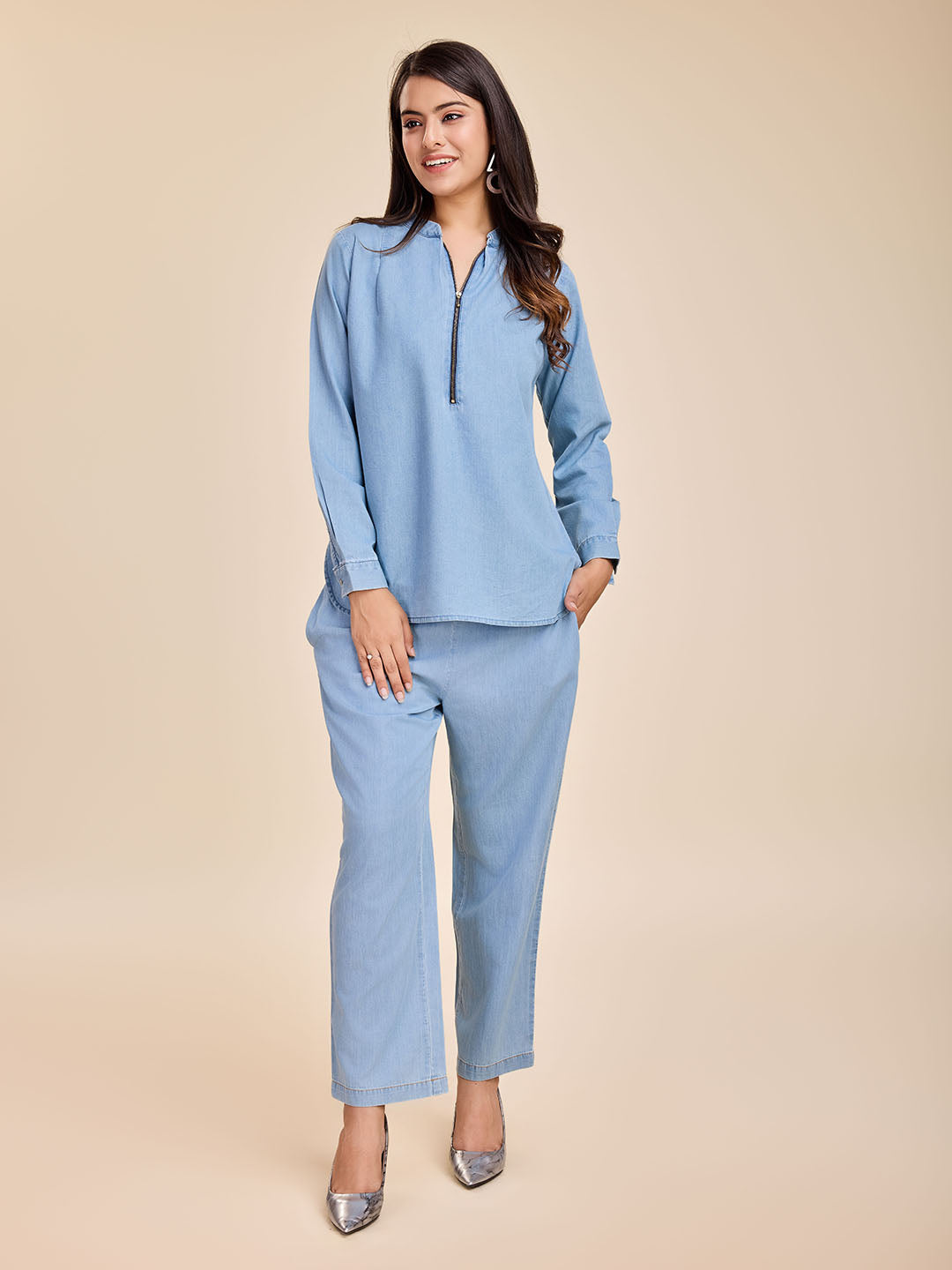 Women's Elegant Denim Top With Long Cuff Sleeves , Half Zip Mandarin Collar Neck & Straight Pants Tencele Denim Set - Blue - Komarri