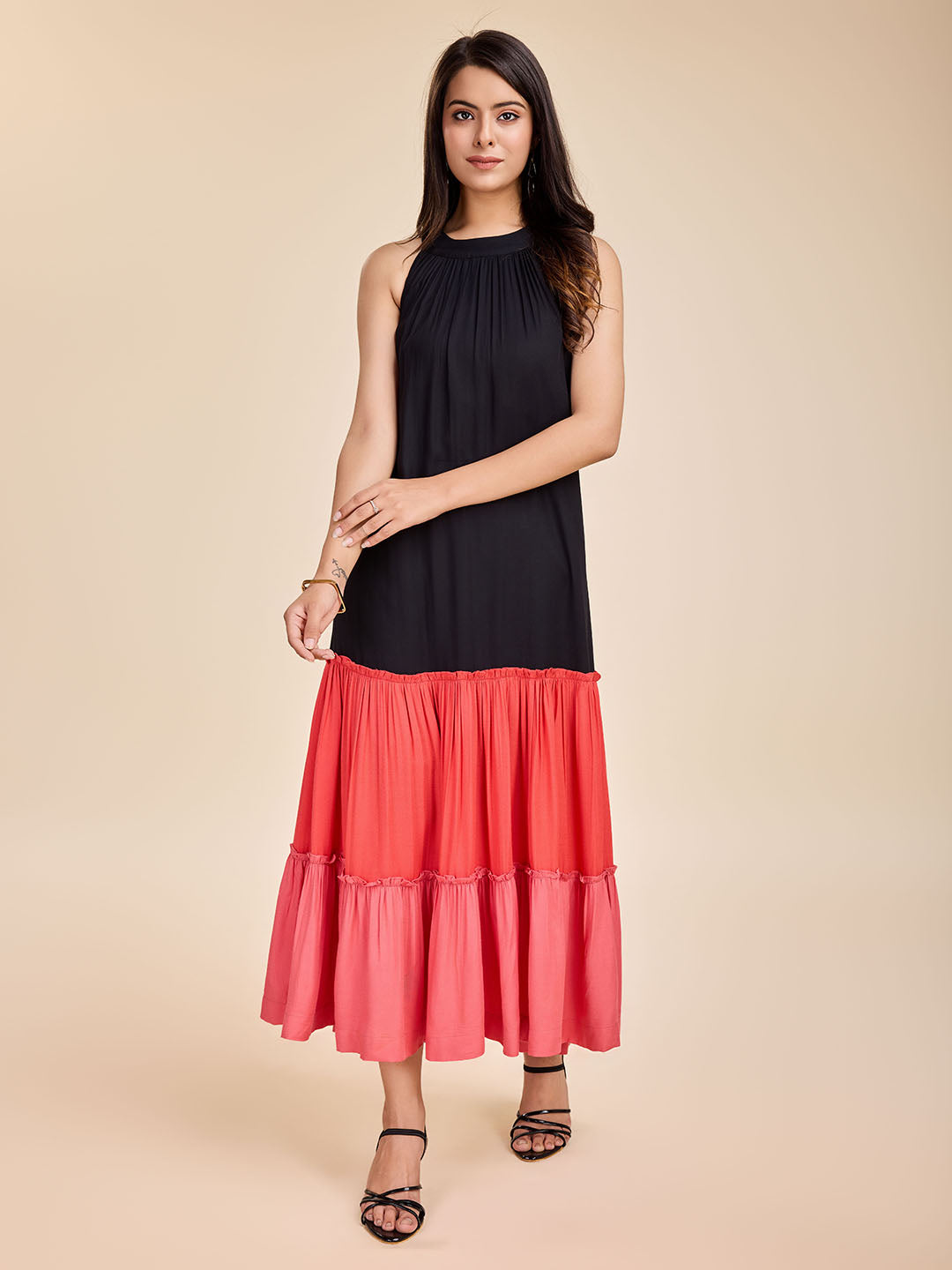 Women's Elegant Halter Neck Tiered Moss Crepe Dress -Black - Komarri