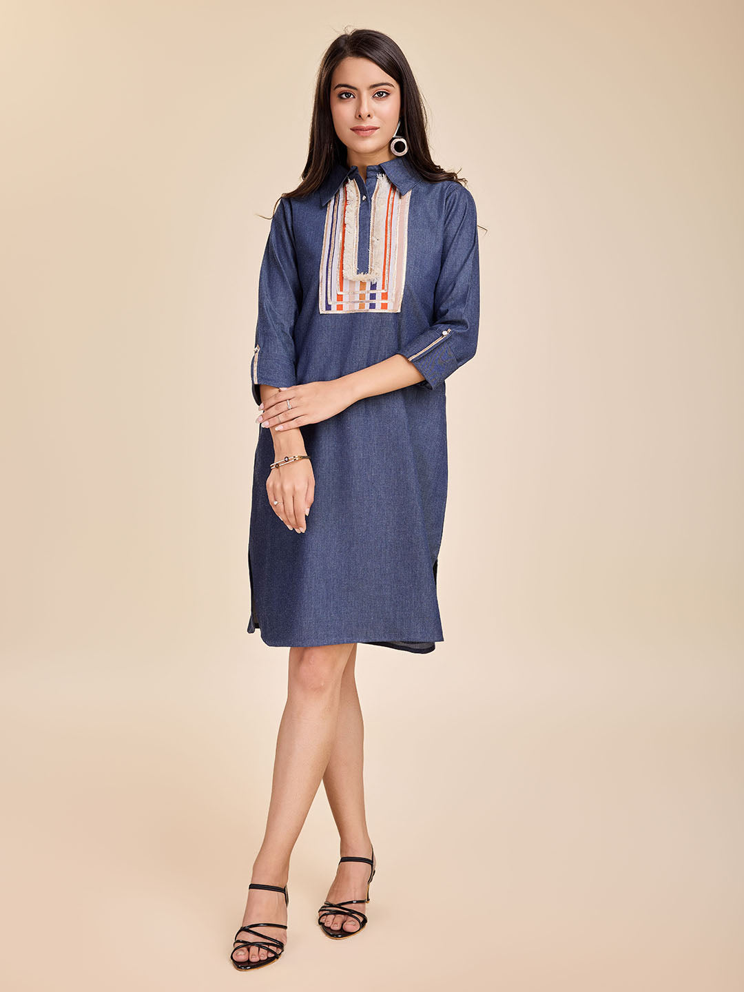 Women's Elegant Tencel Denim Dress With Half Placket Shirt Collar, Roll-Up Sleeves And Front Lace Inserted Yoke - Blue - Komarri