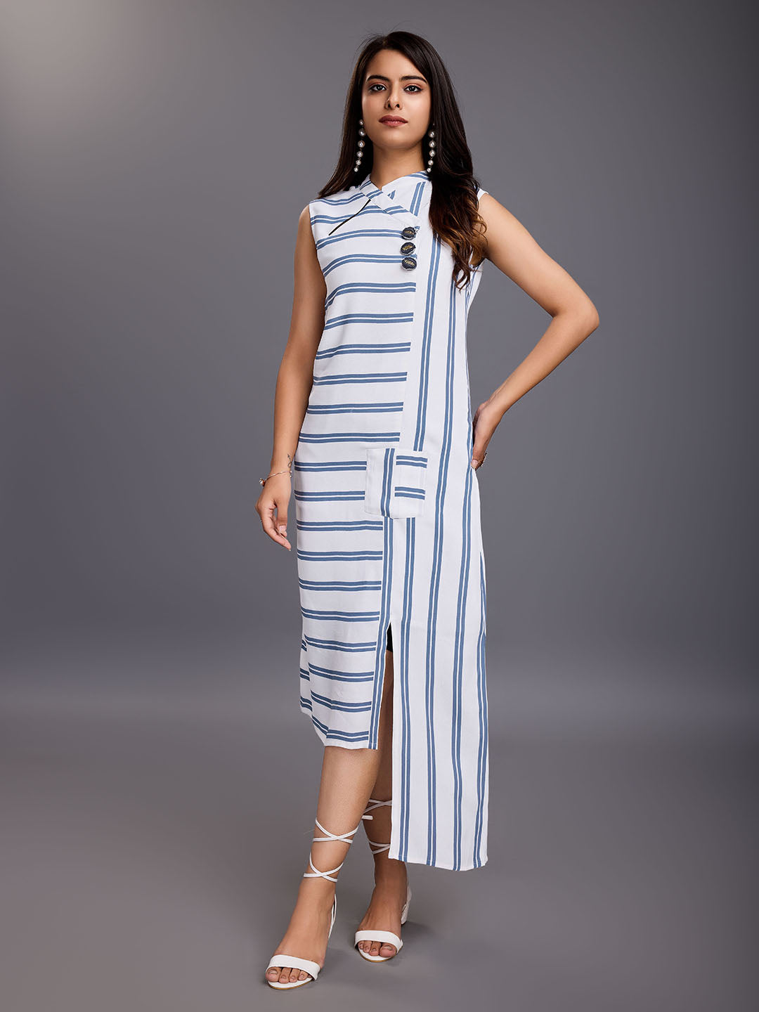 Women's  Elegant Viscose  Striper  Styline Dress With Assymetric Hem & Hand Work Buttons-White - Komarri