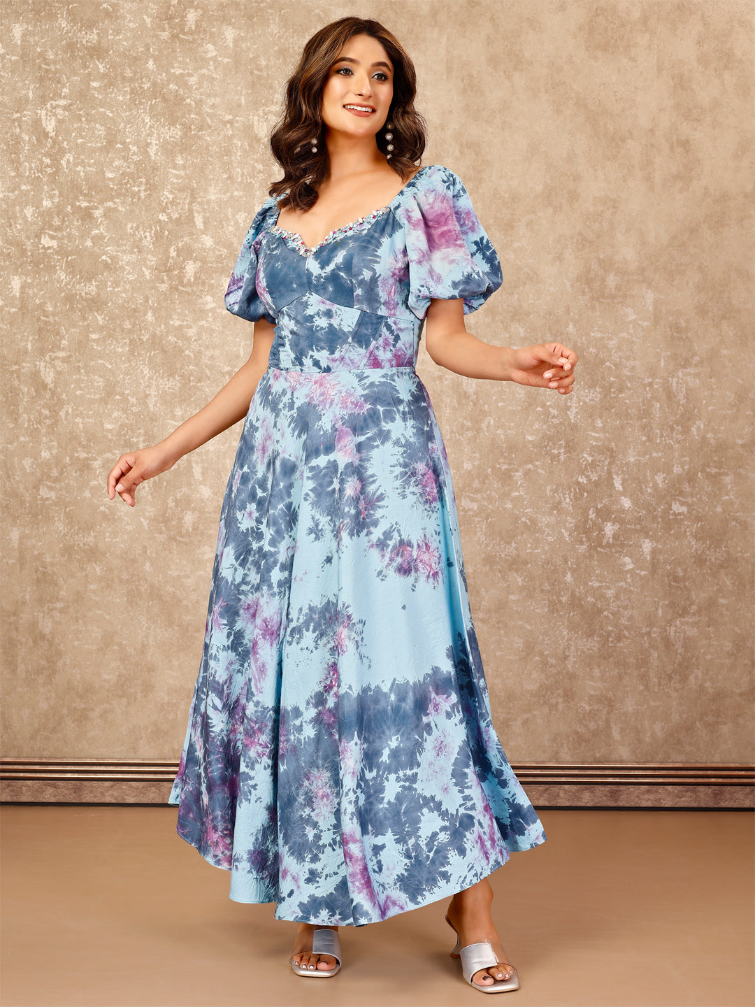 Women's Elegant Tie N Dye Corset Dress In Modal Twill With Sweetheart Neckline & Raglan  Sleeves-Blue - Komarri