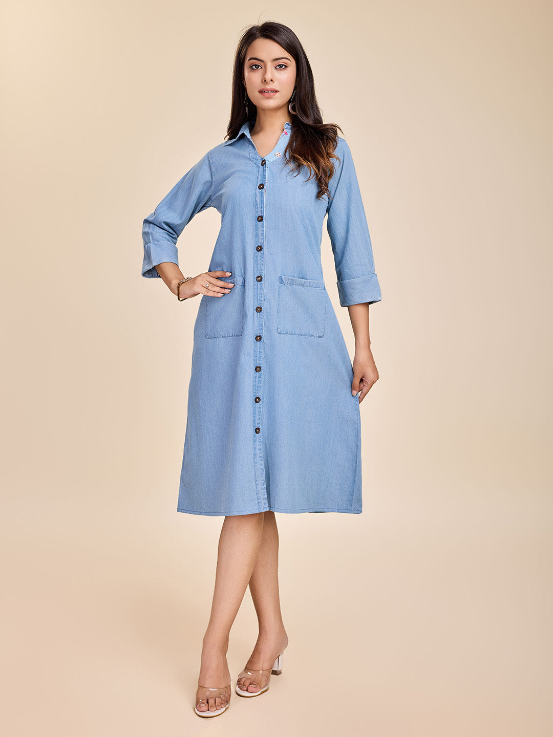 Women's  Elegant Tencele Denim Button Down Shirt Dress With Roll Up Sleeves- Blue - Komarri