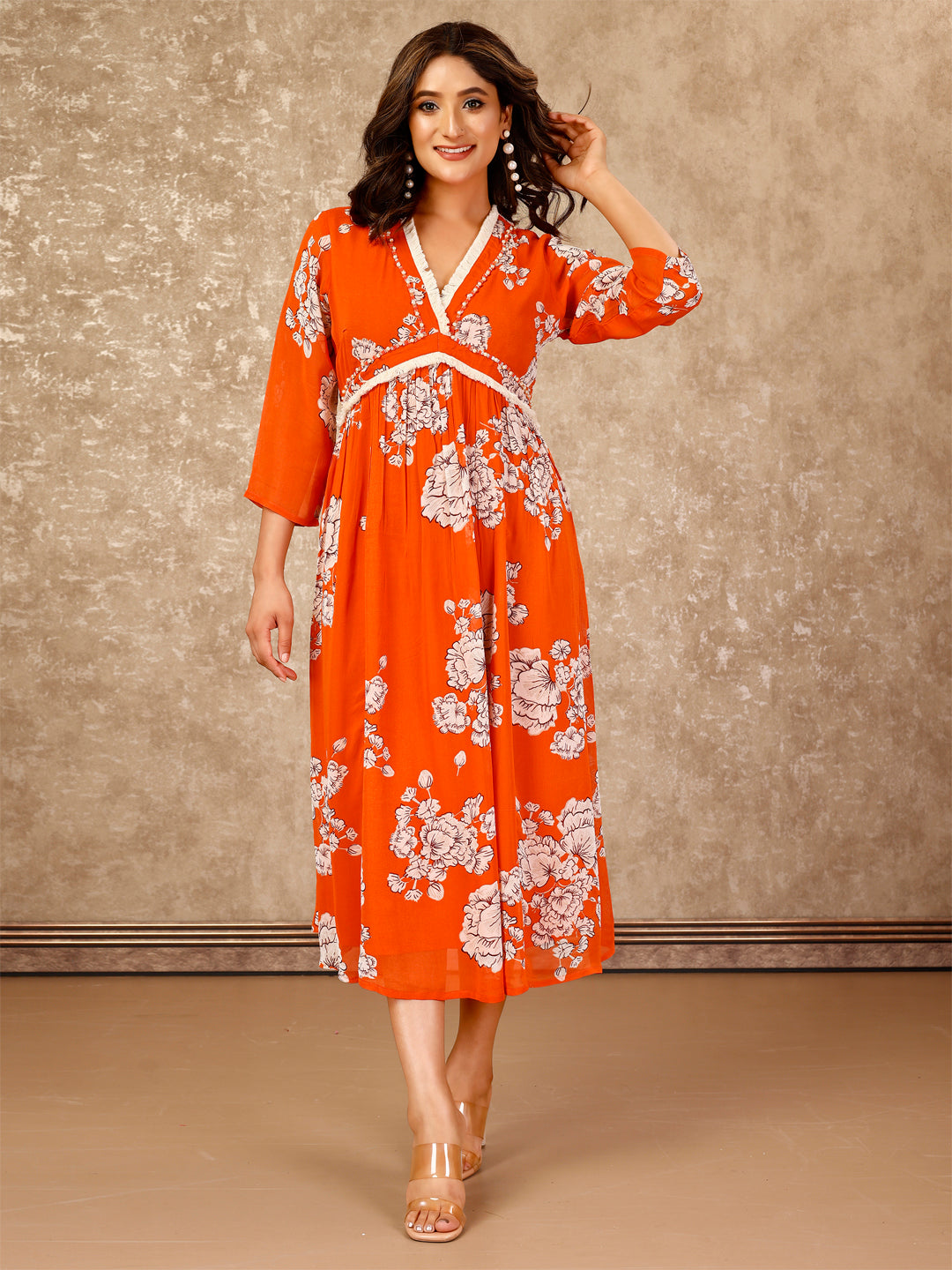 Women's Floral Print Alia Cut Viscose  Georgette  Dress With Thread Tassle Lace , Hand Embroidery On Neck & Yoke-Orange  - Komarri