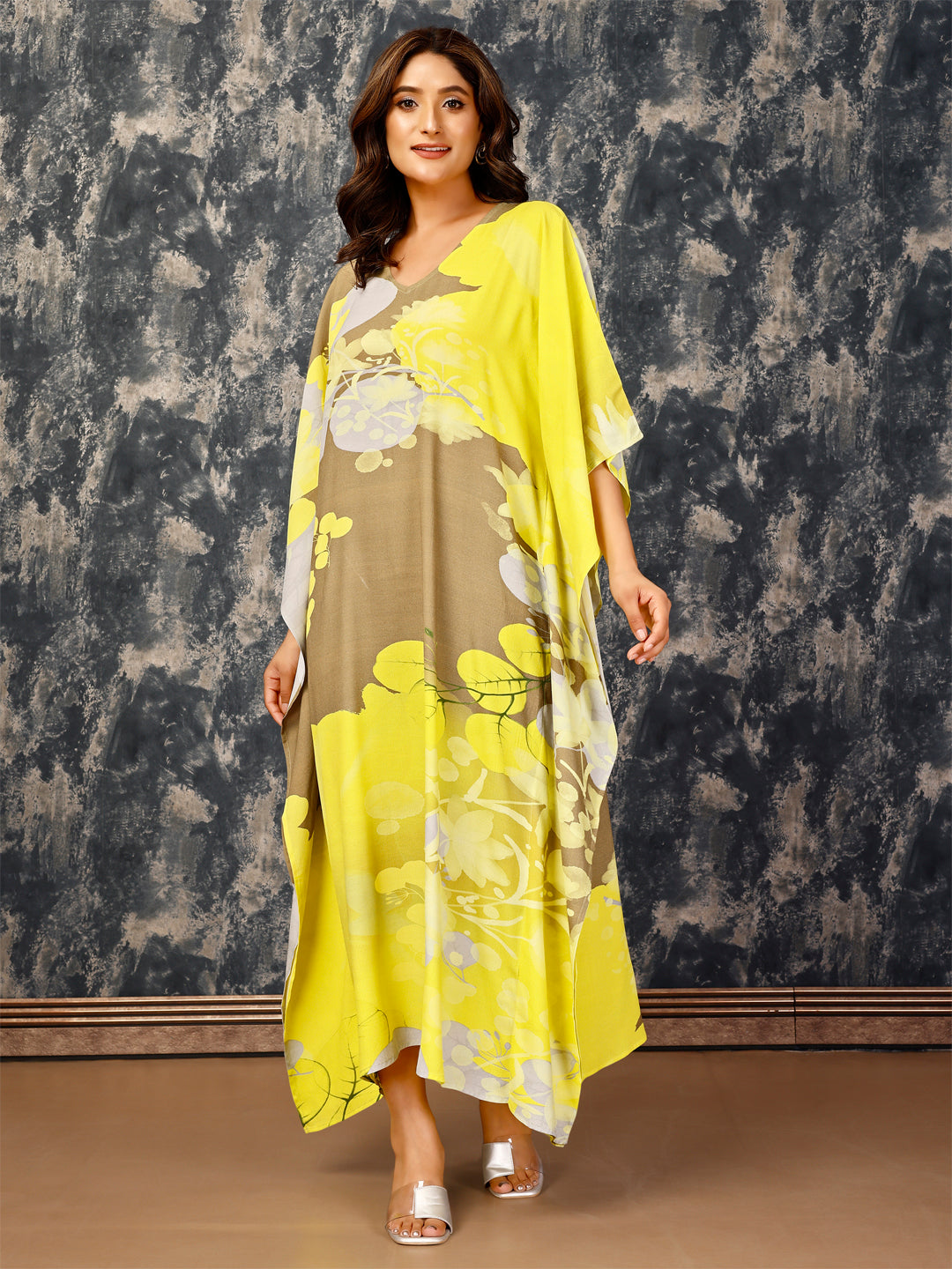 Women's Elegant Kaftan Styled Floral Print Pure Viscose Royal Crepe Dress- Multicolour  - Komarri