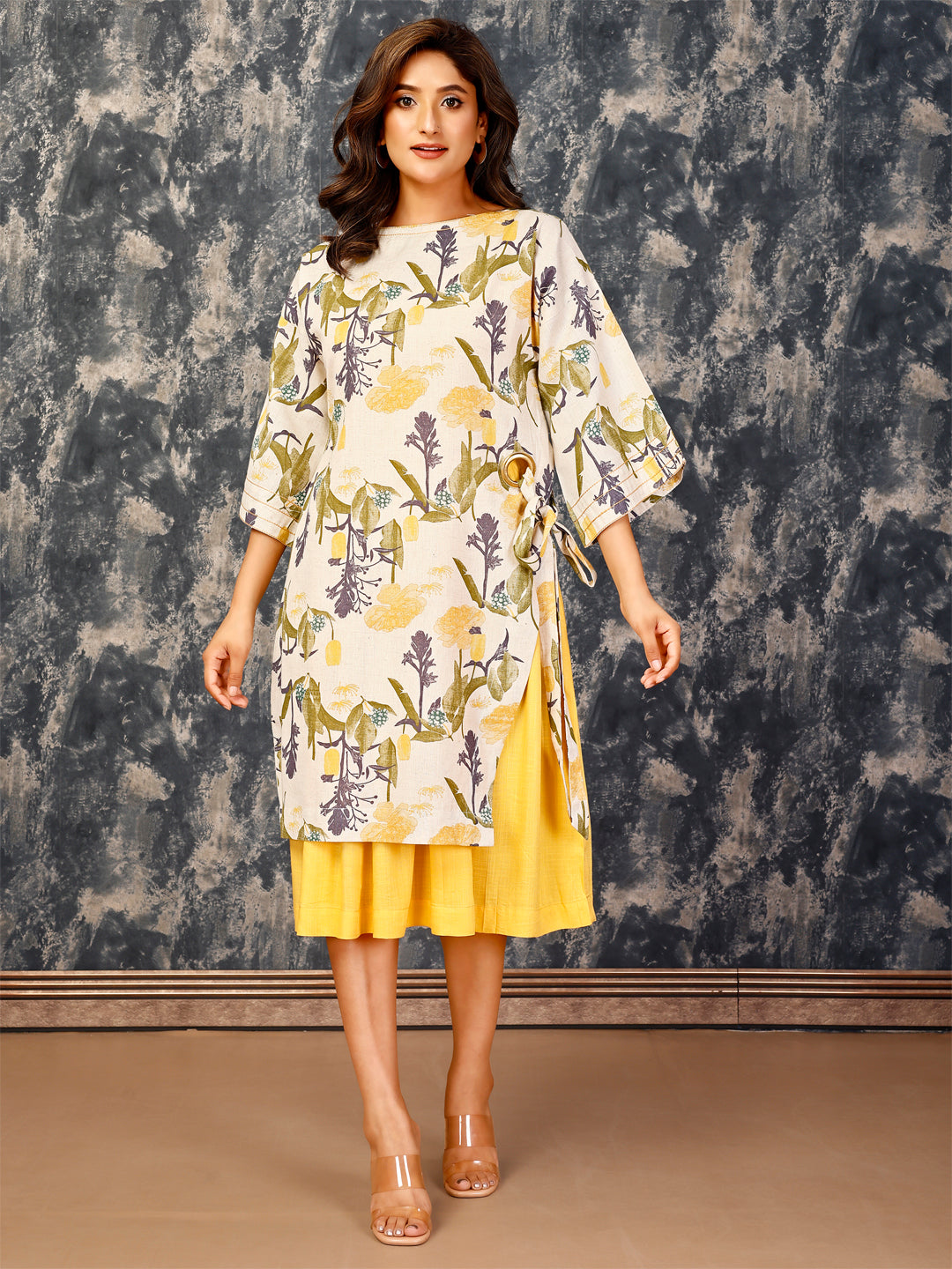 Women's Stylish Spagetti Viscose Slub Dress With Printed Overlays-Multicolour - Komarri