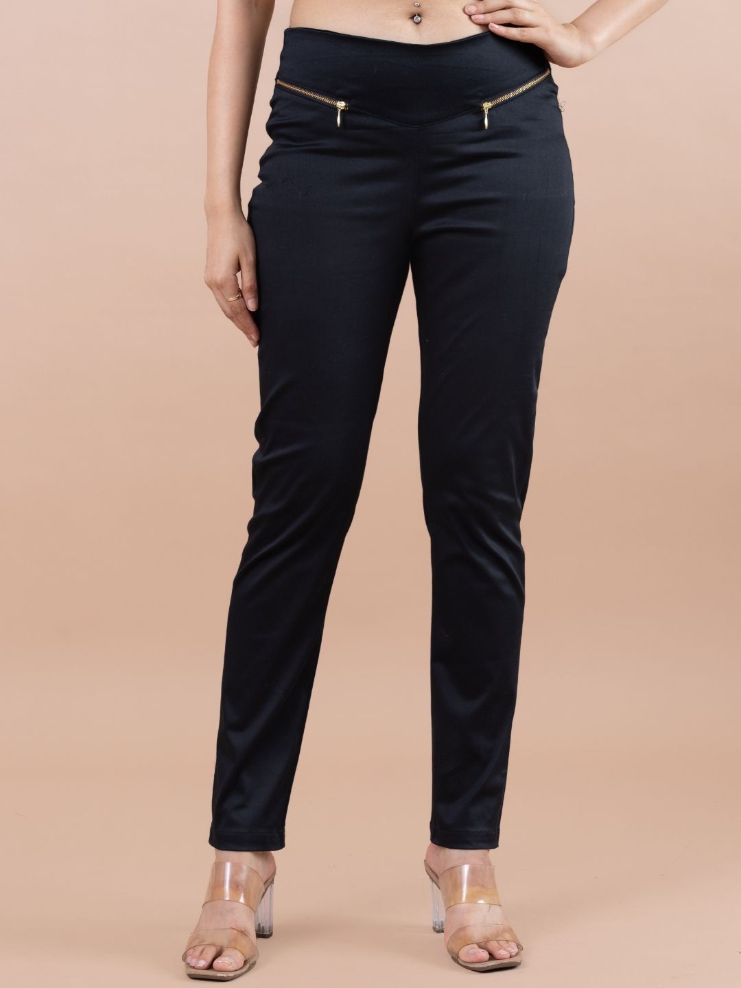 Women's Black Pure Cotton Satin Lycra Pant - Komarri