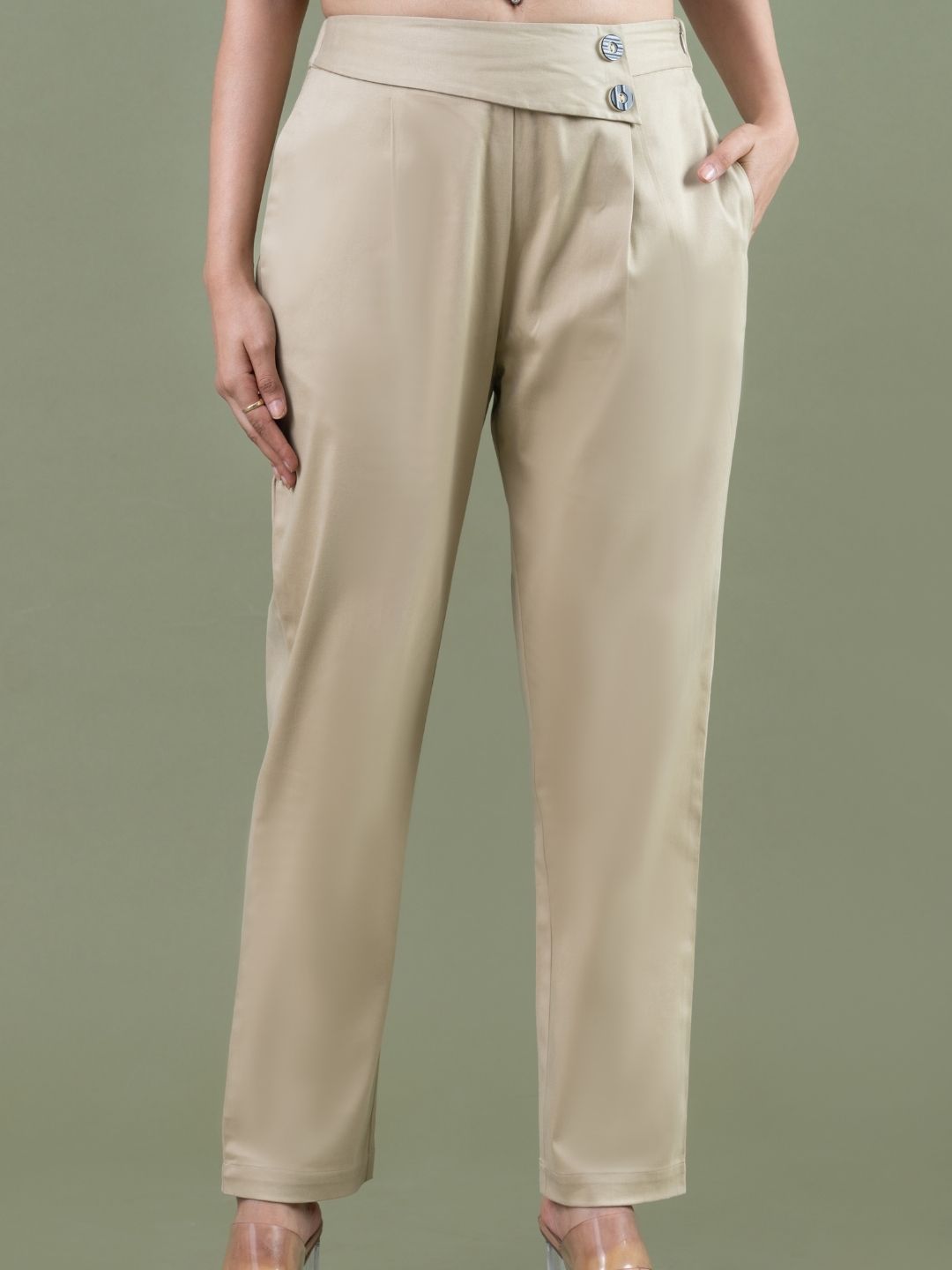 Women's Beige Elegant Pure Cotton Satin Lycra Pant - Komarri