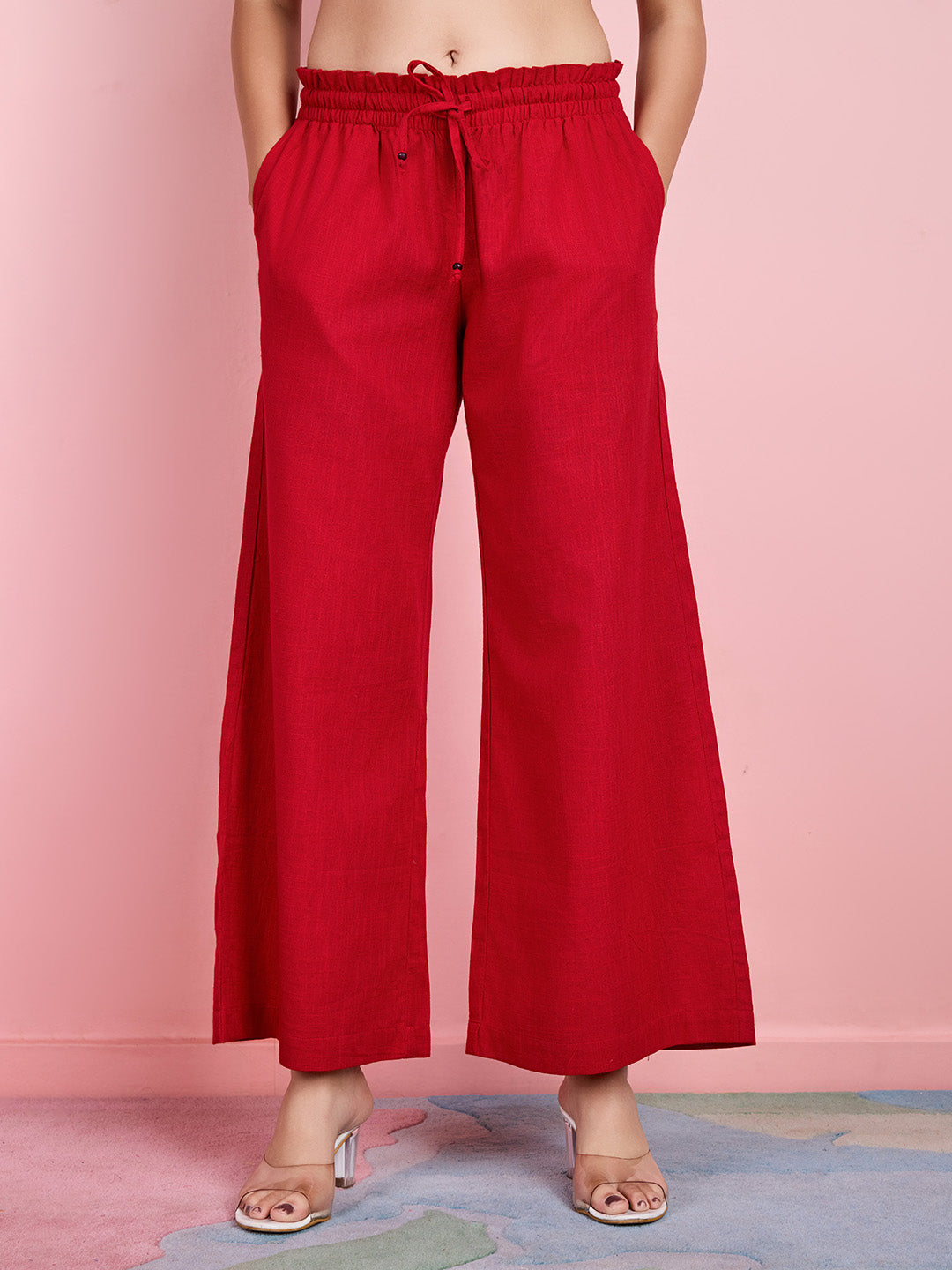 Women's Red Cotton Flex Elasticated Lounge Pant - Komarri