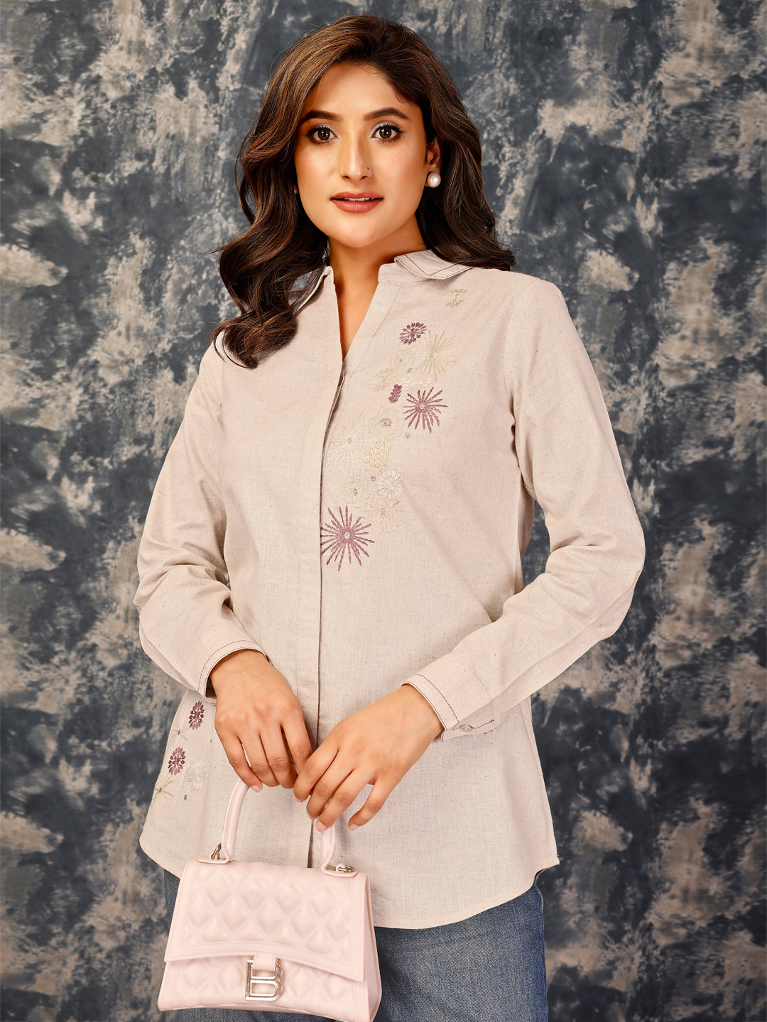 Women's  Classic Floral Embroidered Cotton Flex Shirt With Cuff Sleeves - White - Komarri