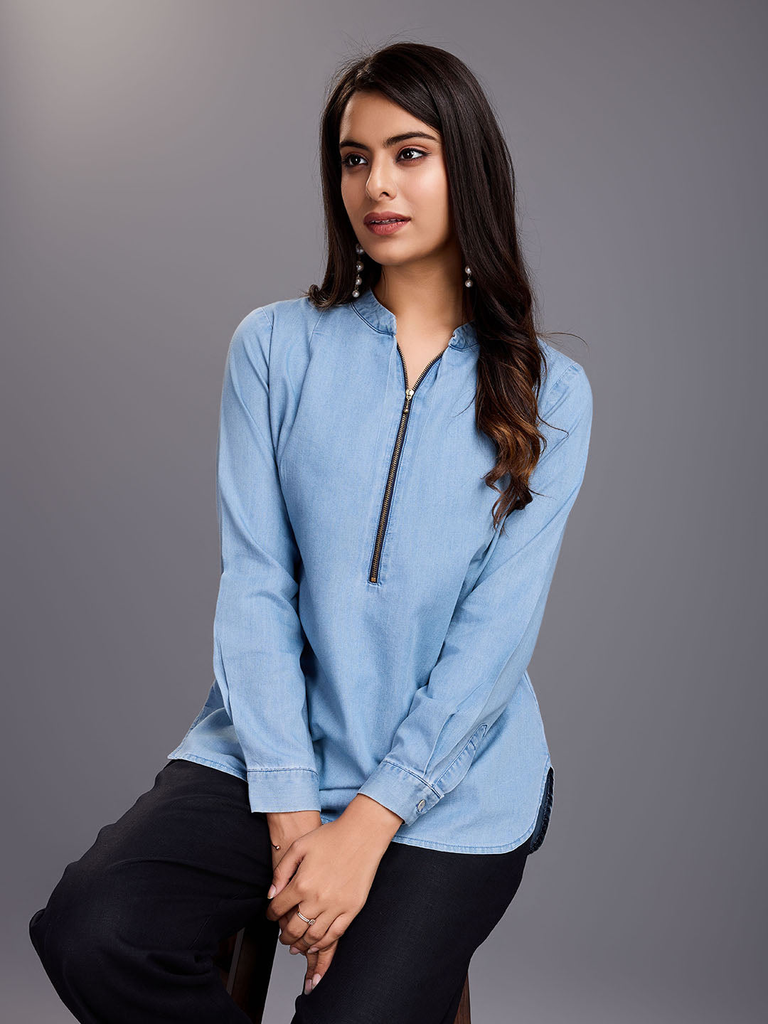 Women's  Casual Tencele Denim Top With Half Zipper Mandarin Collar & Roll-Up Sleeves - Blue - Komarri