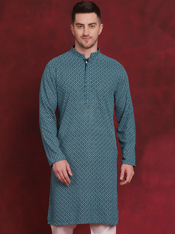 Men Sequin Embroidered Pure Cotton Kurtas