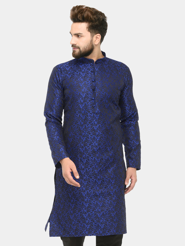 Men Royal Blue & Black Self Design Kurta with Churidar