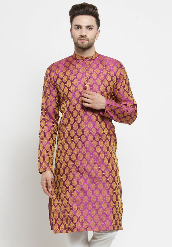 Men Pink-Colored & Golden Self Design Kurta Only