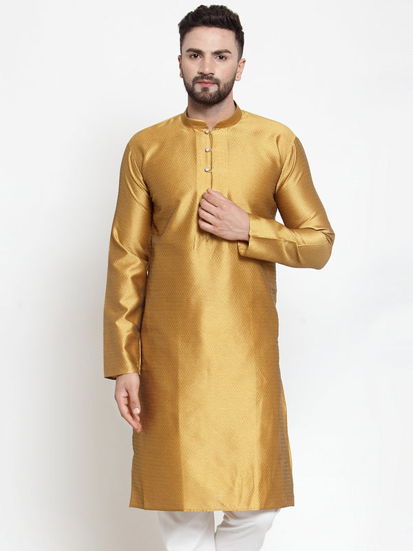 Men's Mustard & White Self Design Kurta Only ( KO 589 Mustard ) - Virat Fashions