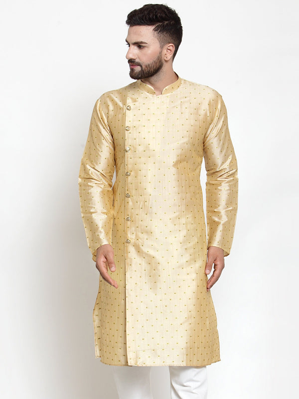 Men's Mustard & Golden Self Design Kurta Only ( KO 590 Mustard ) - Virat Fashions