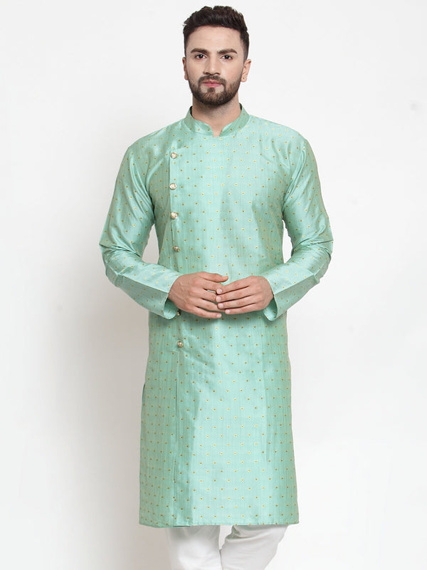 Men's Sky-Blue & Golden Self Design Kurta Only ( KO 590 Sky ) - Virat Fashions