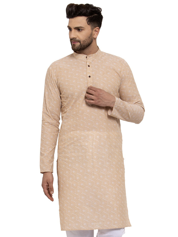 Men's Beige Cotton Printed Kurta Only( KO 604 Beige ) - Virat Fashions