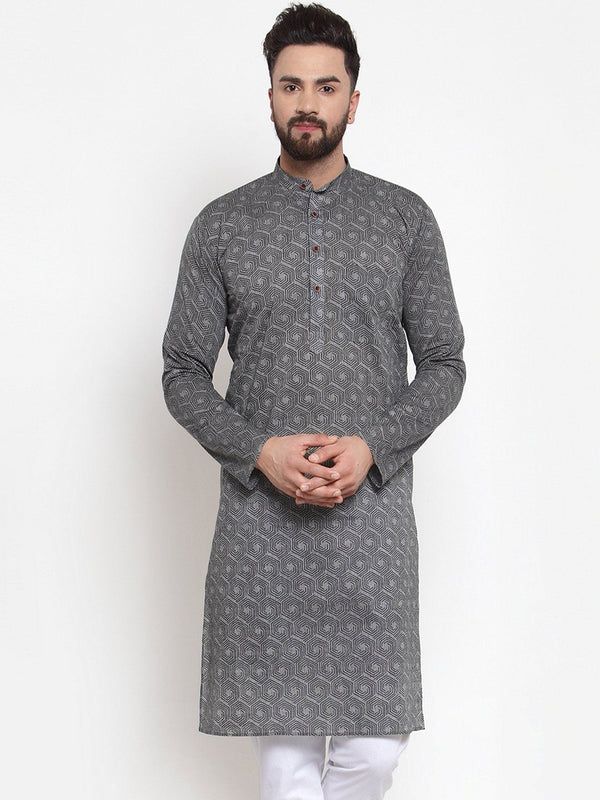 Men's  Grey Printed Straight Kurta - Virat Fashions