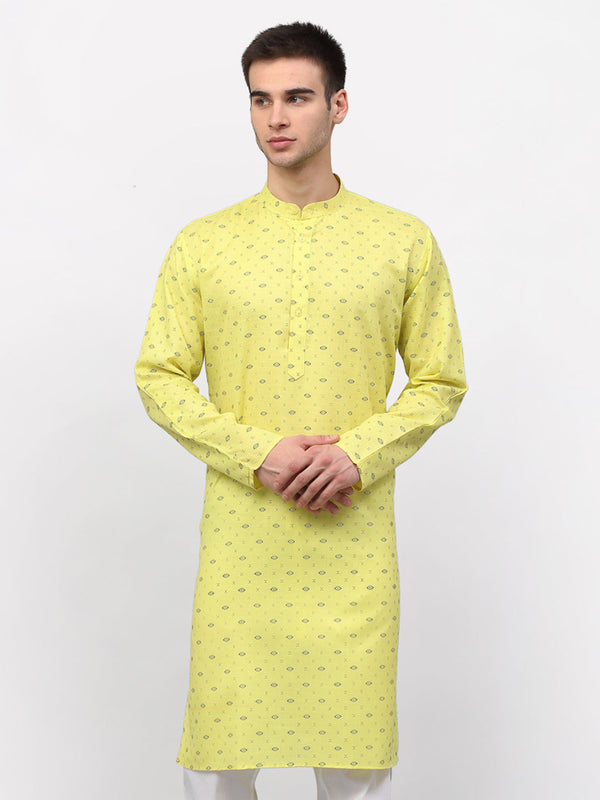 Men's Lemon Printed Cotton Kurta Only ( KO 614 Lemon ) - Virat Fashions