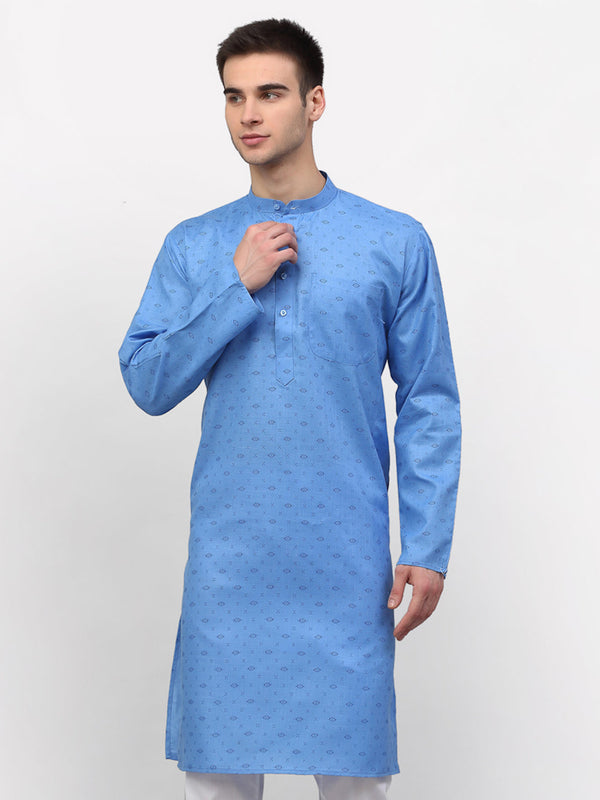 Men's Sky Printed Cotton Kurta Only ( KO 614 Sky ) - Virat Fashions