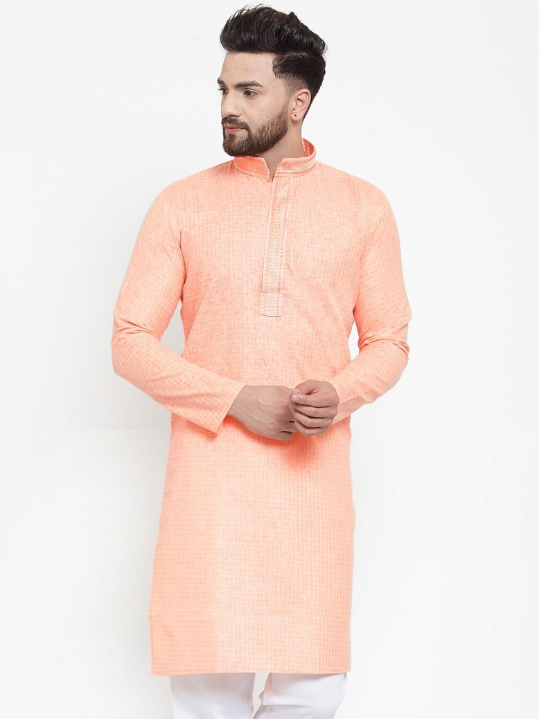 Men Peach Cotton Kurta - Virat Fashions (1pc)