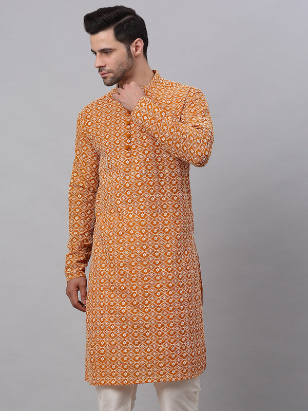 Men's Mustard & White Embroidered Straight Kurtas ( Ko 626 Mustard ) - Virat Fashions