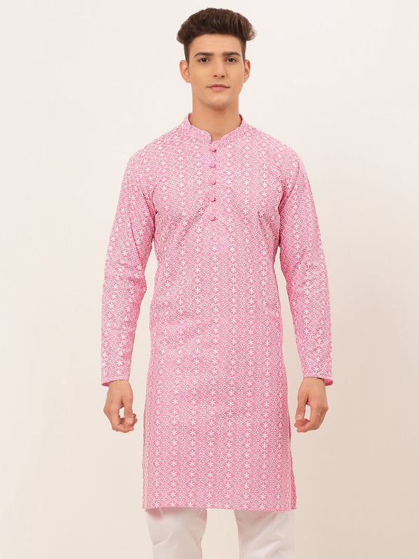 Men's Pink & White Embroidered Straight Kurtas ( Ko 626 Pink ) - Virat Fashions