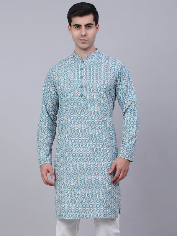 Men's Teal Blue & White Embroidered Straight Kurtas ( Ko 626 Teal ) - Virat Fashions